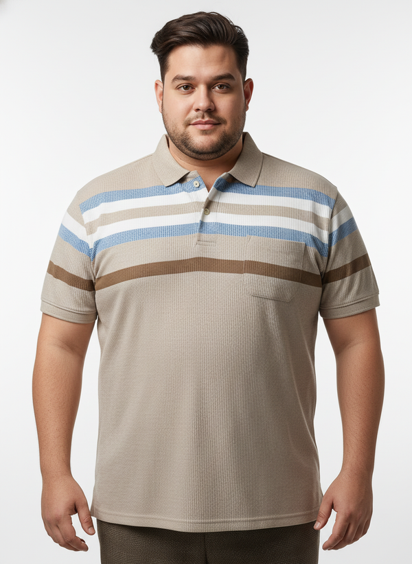 Plus Size Striped Polo T-Shirt for Men Comfortable Cotton Blend Fabric Half Sleeve Casual Wear with Chest Pocket