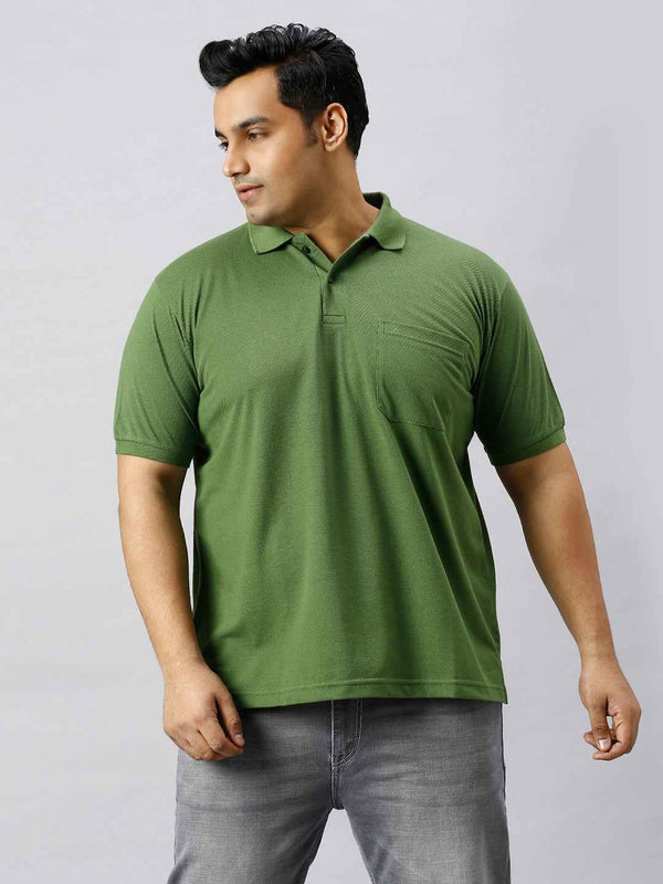Plus Size Solid Green Polo T-shirt With Pocket