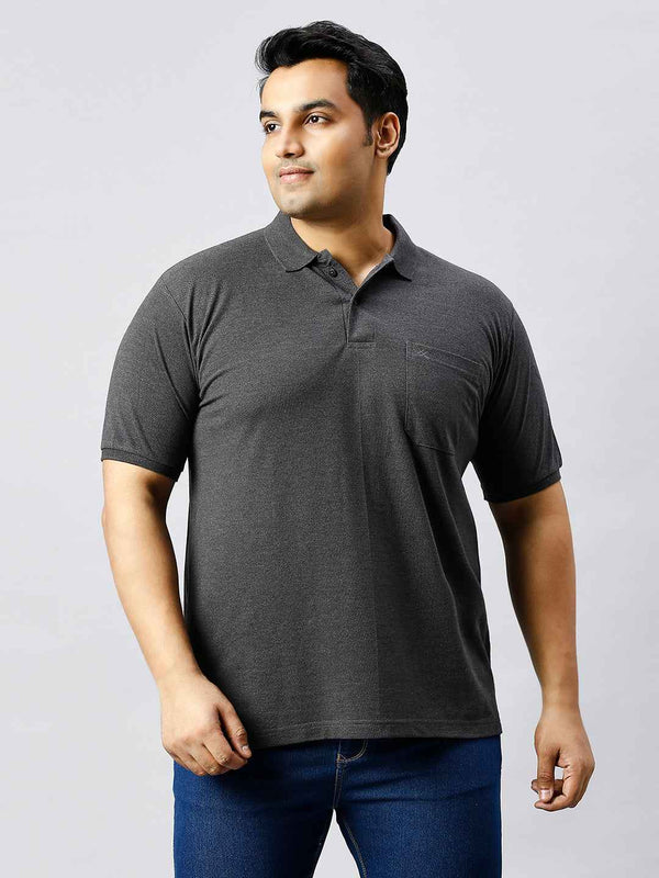 Plus Size Solid Anthra Polo T-shirt With Pocket