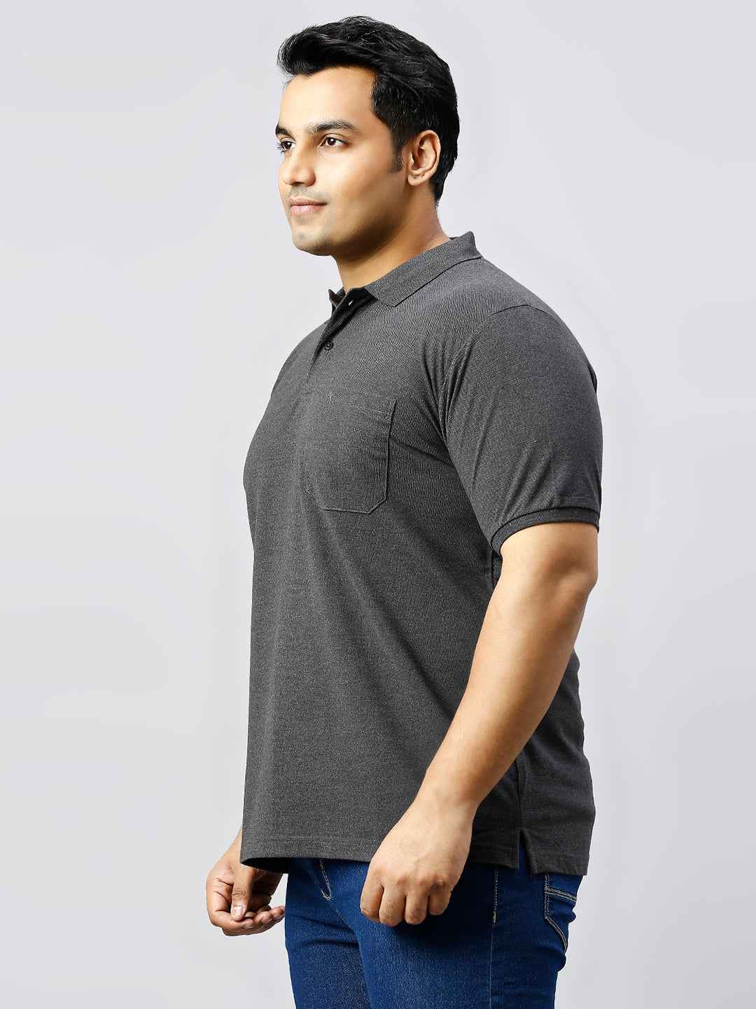 Plus Size Solid Anthra Polo T-shirt With Pocket