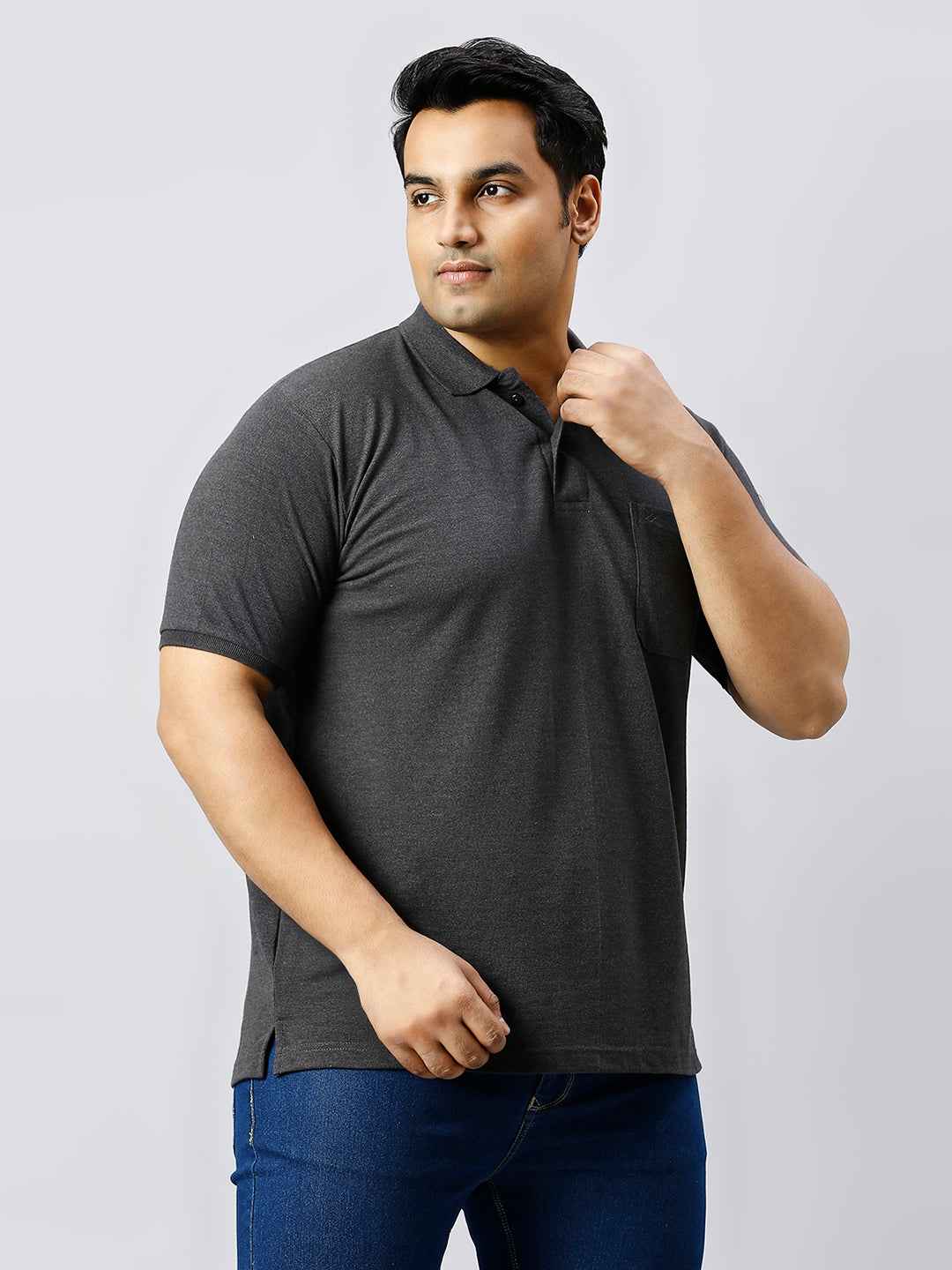 Plus Size Solid Anthra Polo T-shirt With Pocket