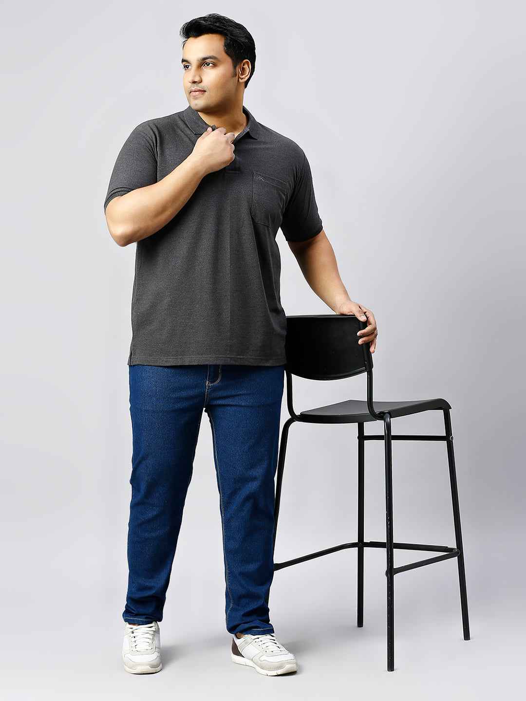 Plus Size Solid Anthra Polo T-shirt With Pocket