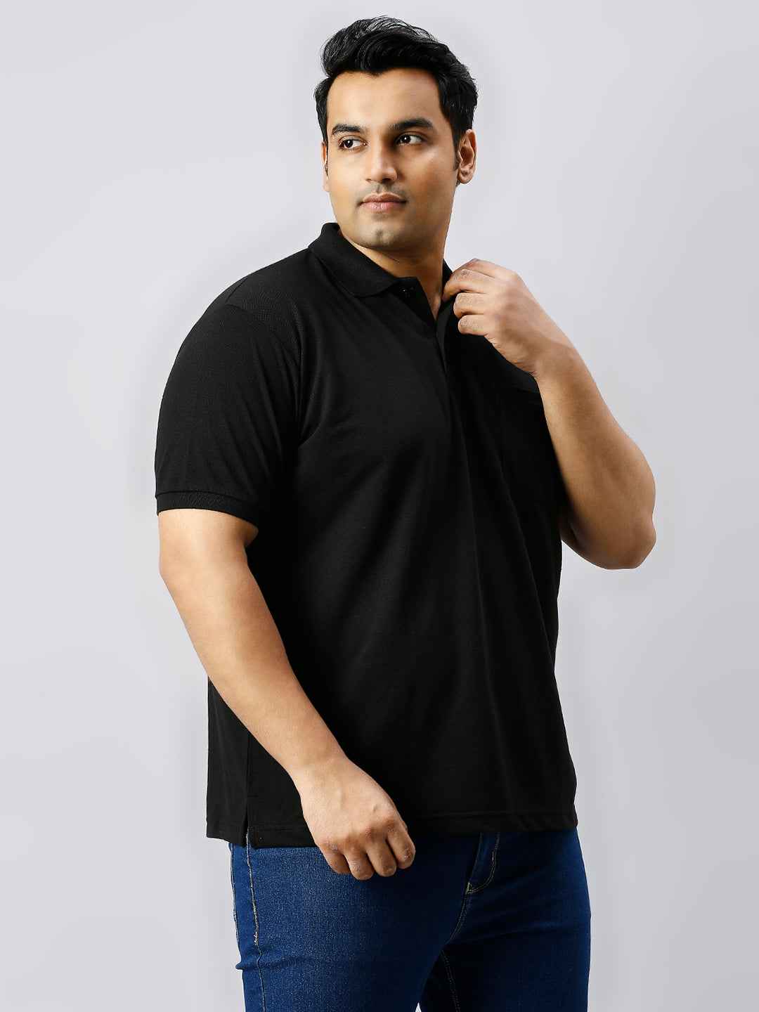 Plus Size Solid Black Polo T-shirt With Pocket