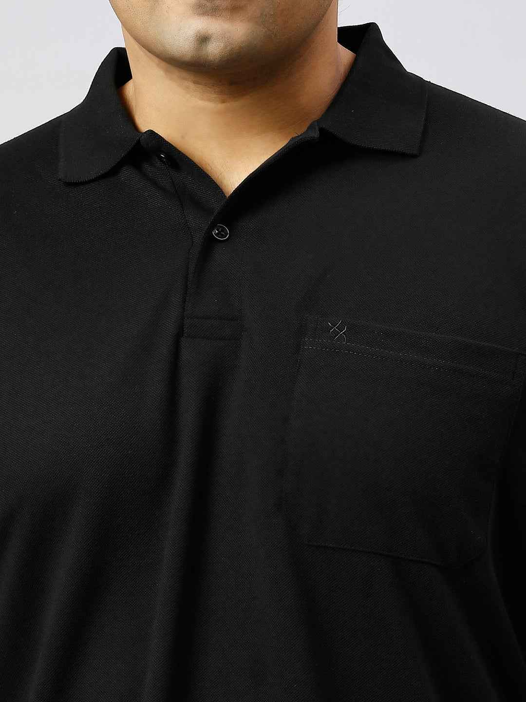 Plus Size Solid Black Polo T-shirt With Pocket