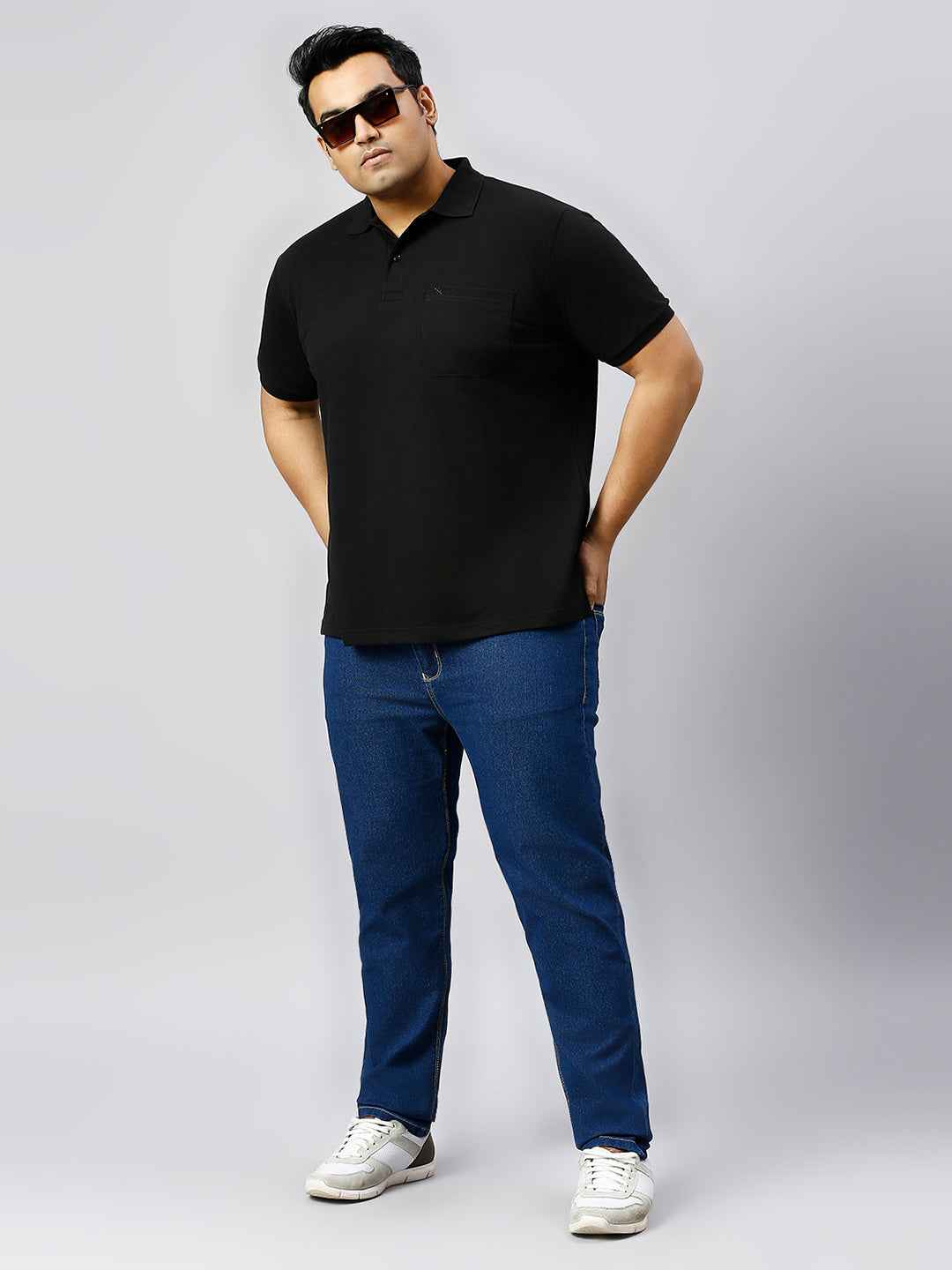 Plus Size Solid Black Polo T-shirt With Pocket
