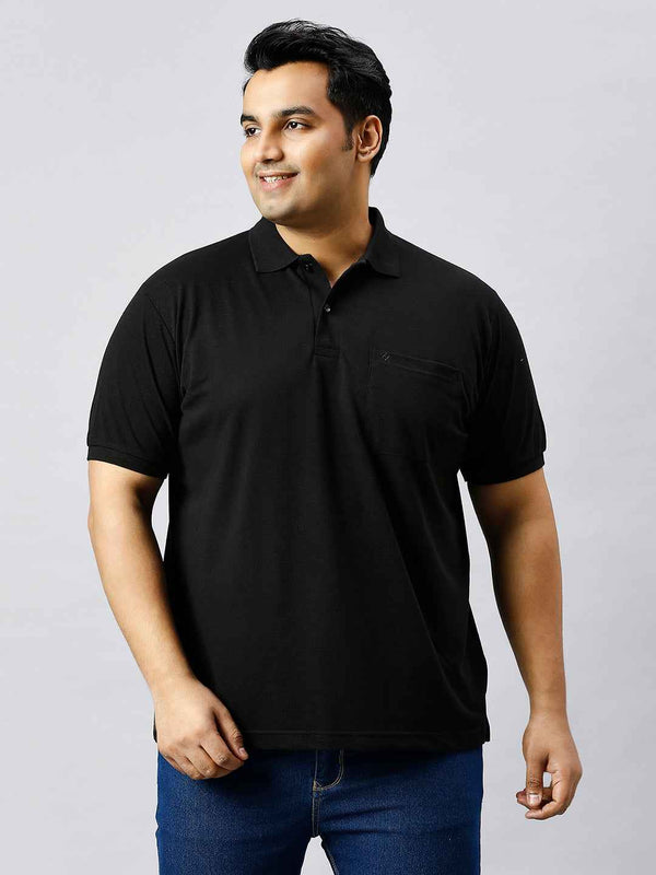 Plus Size Solid Black Polo T-shirt With Pocket