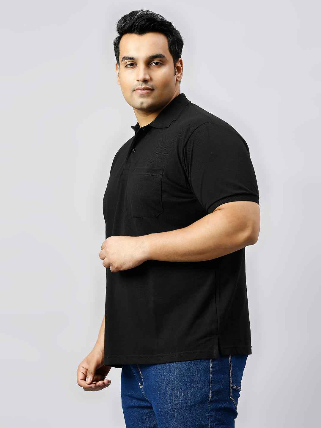 Plus Size Solid Black Polo T-shirt With Pocket