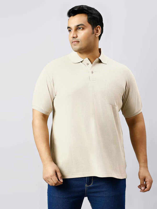 Plus Size Solid Cement Polo T-shirt With Pocket