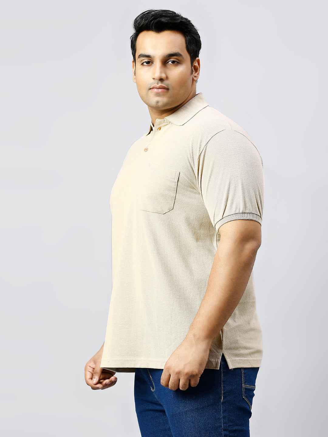 Plus Size Solid Cement Polo T-shirt With Pocket