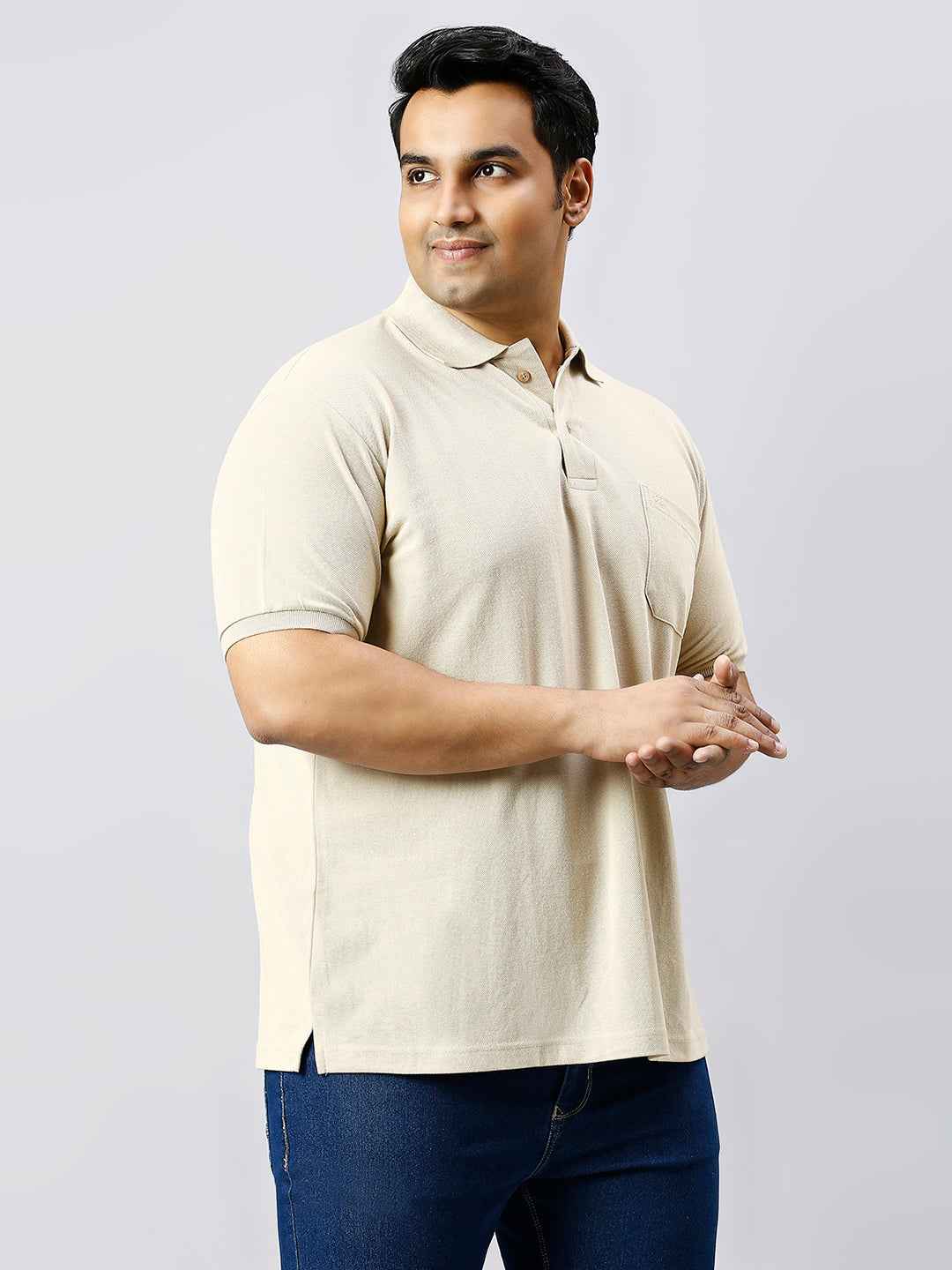 Plus Size Solid Cement Polo T-shirt With Pocket
