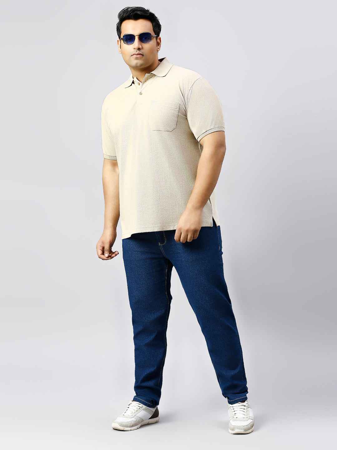 Plus Size Solid Cement Polo T-shirt With Pocket