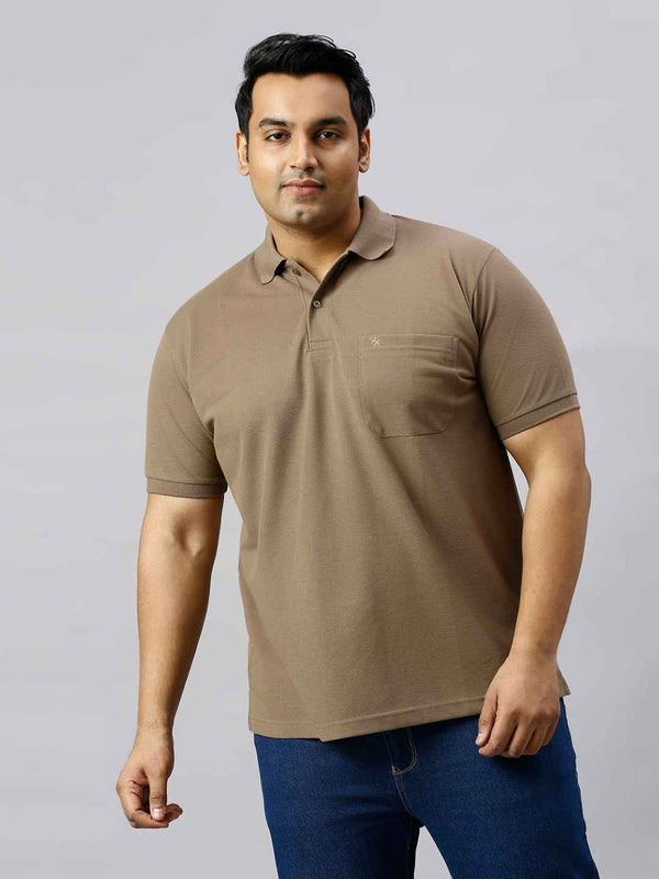 Plus Size Solid Honey Brown Polo T-shirt With Pocket