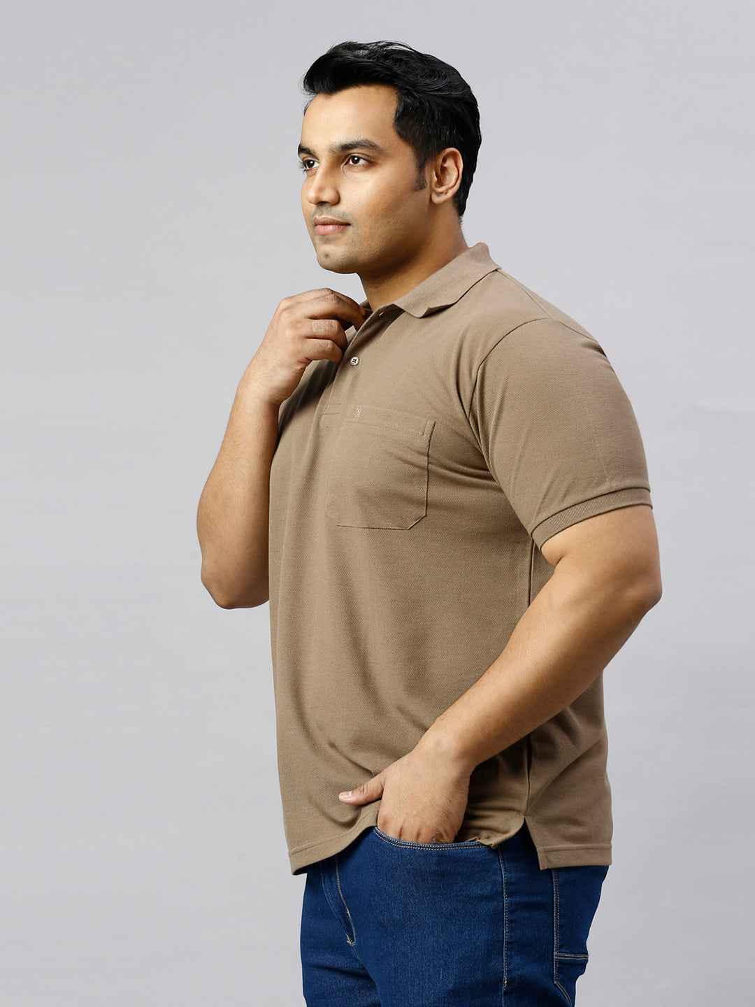 Plus Size Solid Honey Brown Polo T-shirt With Pocket