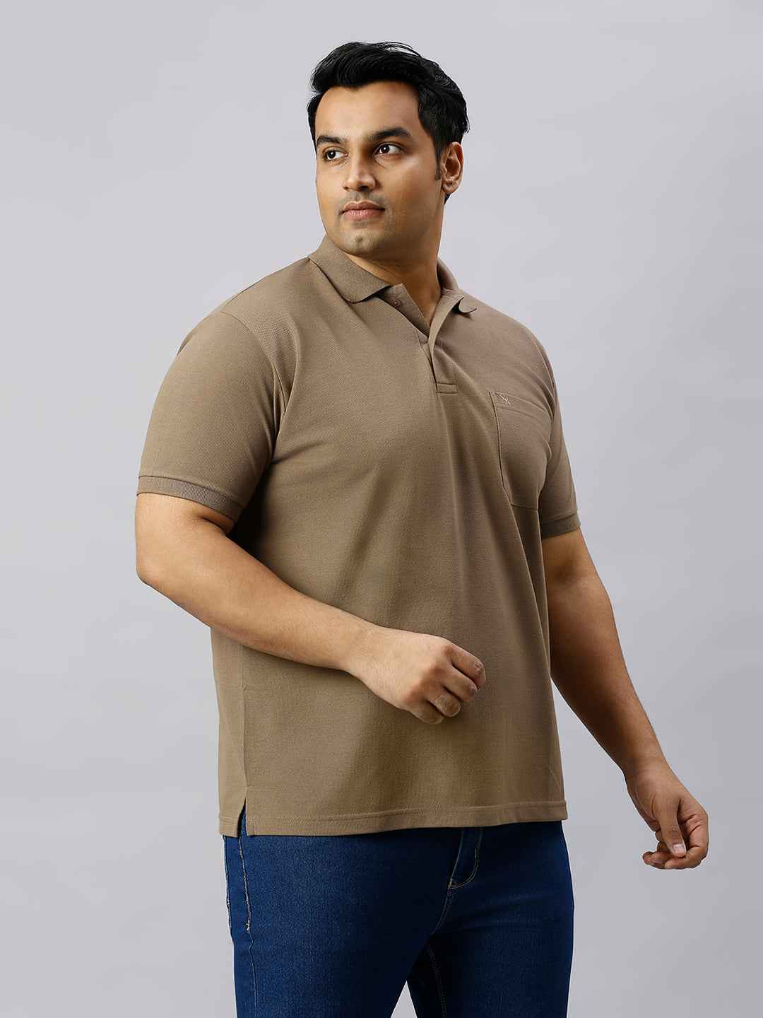 Plus Size Solid Honey Brown Polo T-shirt With Pocket