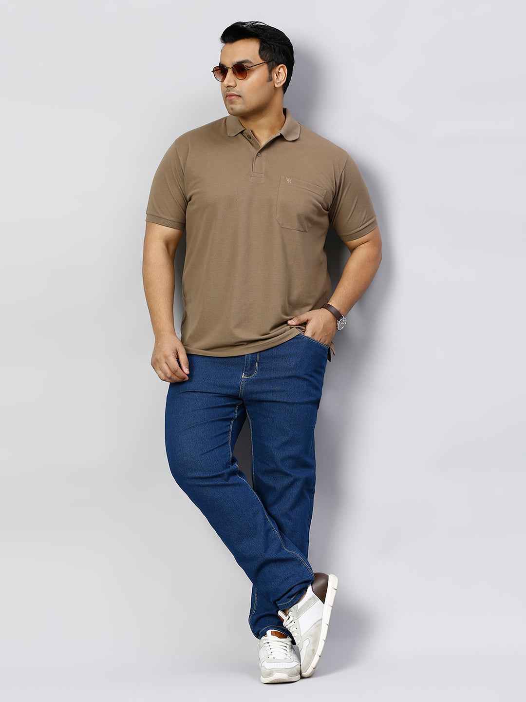 Plus Size Solid Honey Brown Polo T-shirt With Pocket