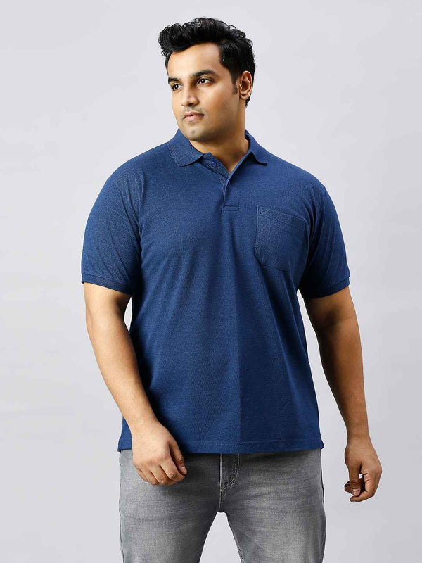 Plus Size Solid Indigo Polo T-shirt With Pocket