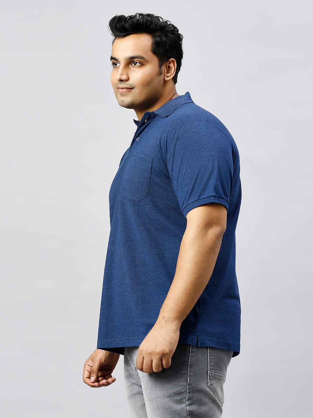 Plus Size Solid Indigo Polo T-shirt With Pocket