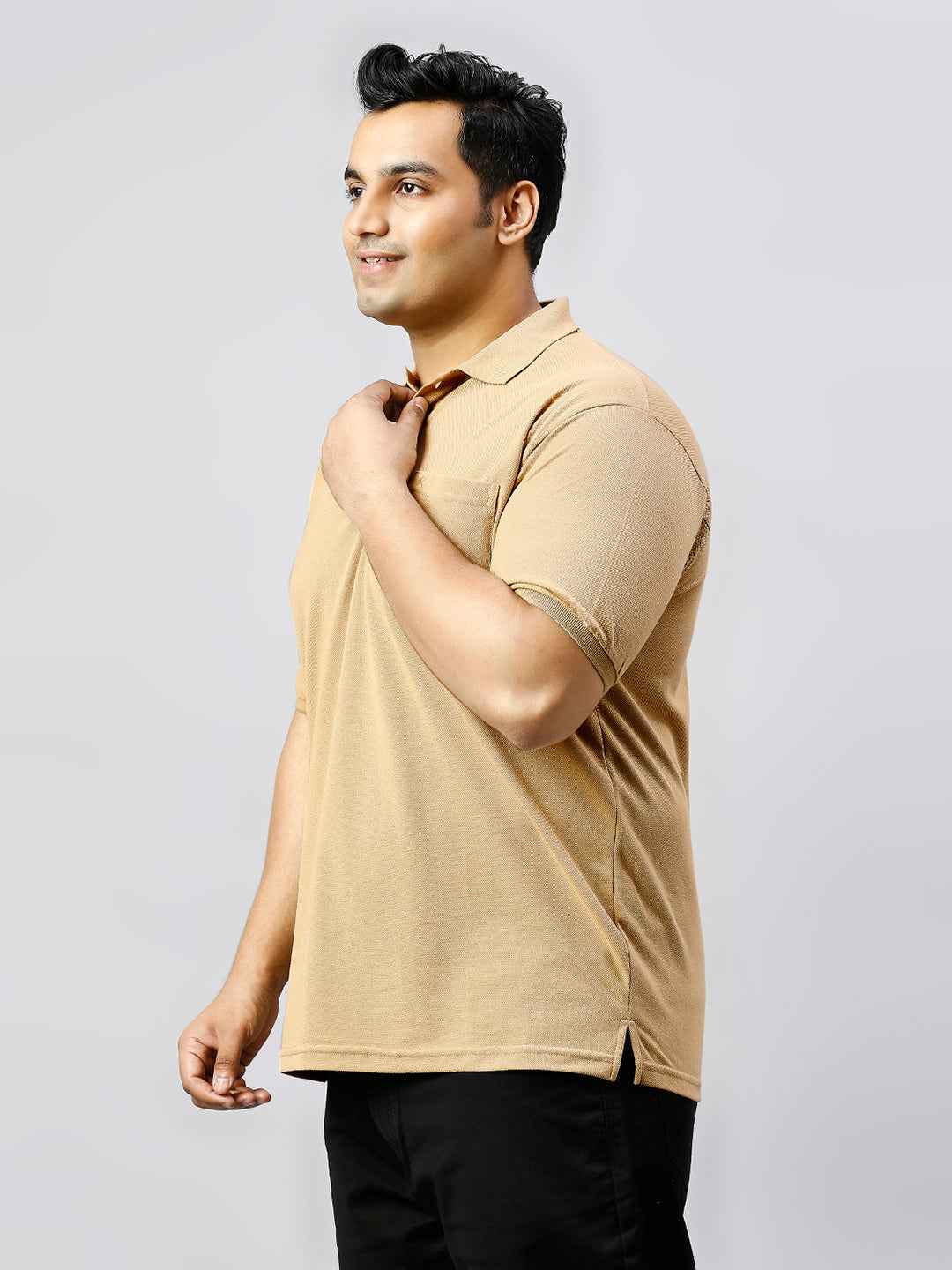 Plus Size Solid Khaki Polo T-shirt With Pocket