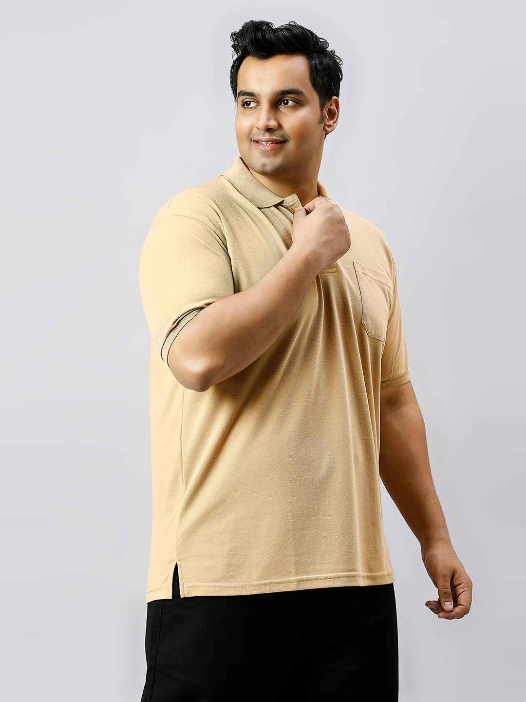 Plus Size Solid Khaki Polo T-shirt With Pocket
