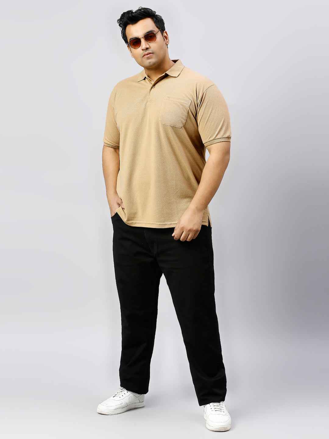 Plus Size Solid Khaki Polo T-shirt With Pocket