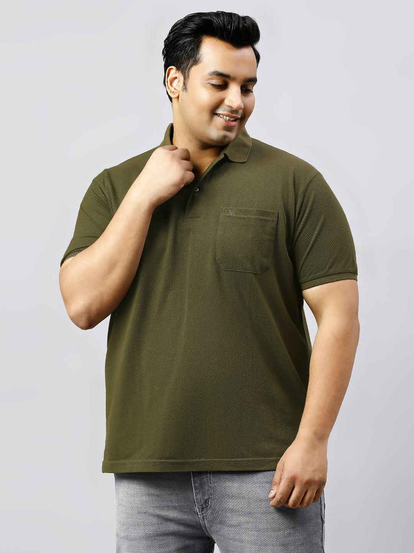 Plus Size Solid Mehndi Polo T-shirt With Pocket