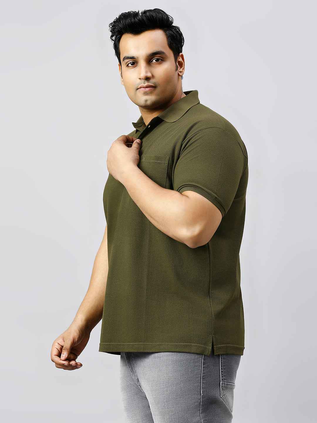 Plus Size Solid Mehndi Polo T-shirt With Pocket