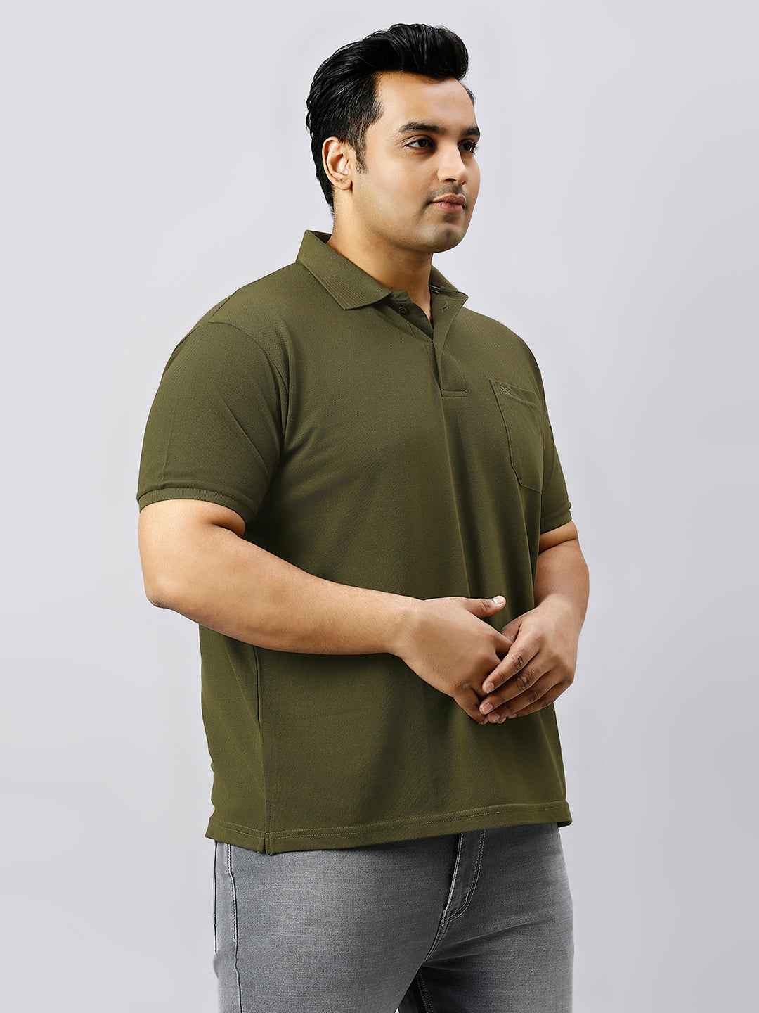 Plus Size Solid Mehndi Polo T-shirt With Pocket