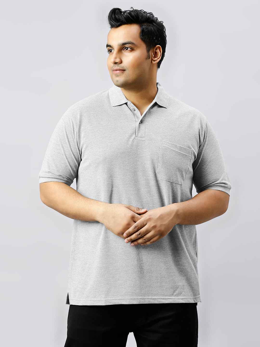Plus Size Solid Milange Grey Polo T-shirt With Pocket