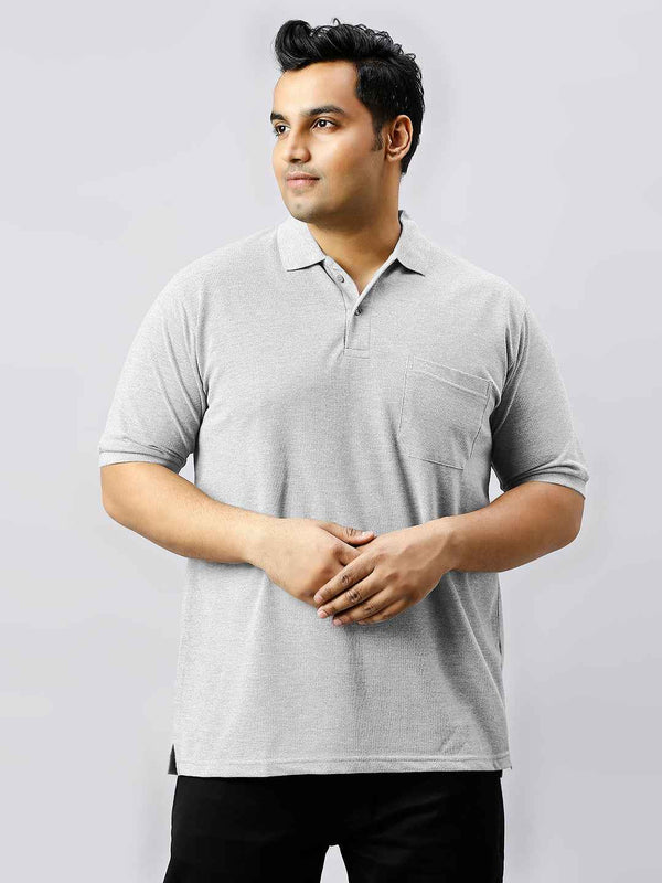 Plus Size Solid Milange Grey Polo T-shirt With Pocket