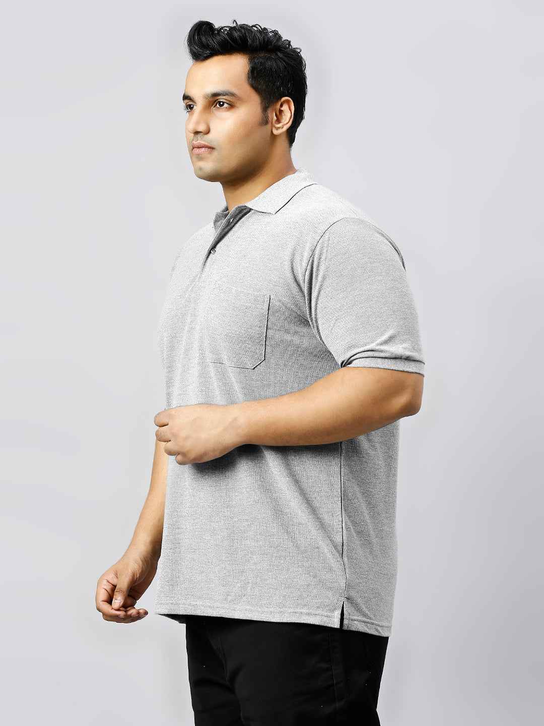 Plus Size Solid Milange Grey Polo T-shirt With Pocket