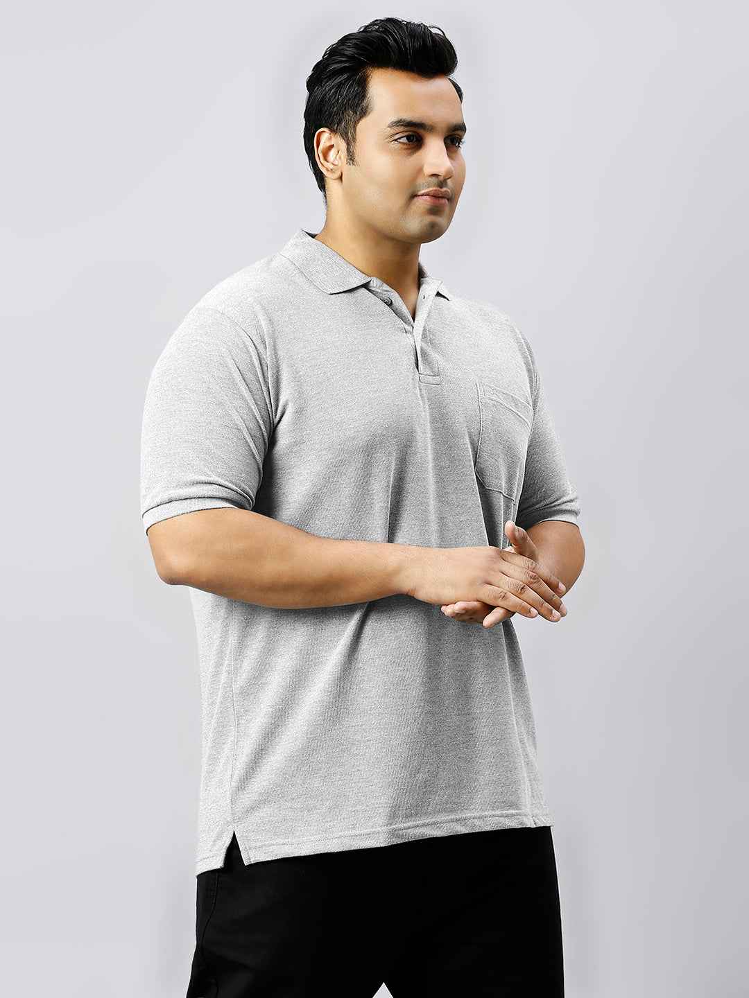 Plus Size Solid Milange Grey Polo T-shirt With Pocket