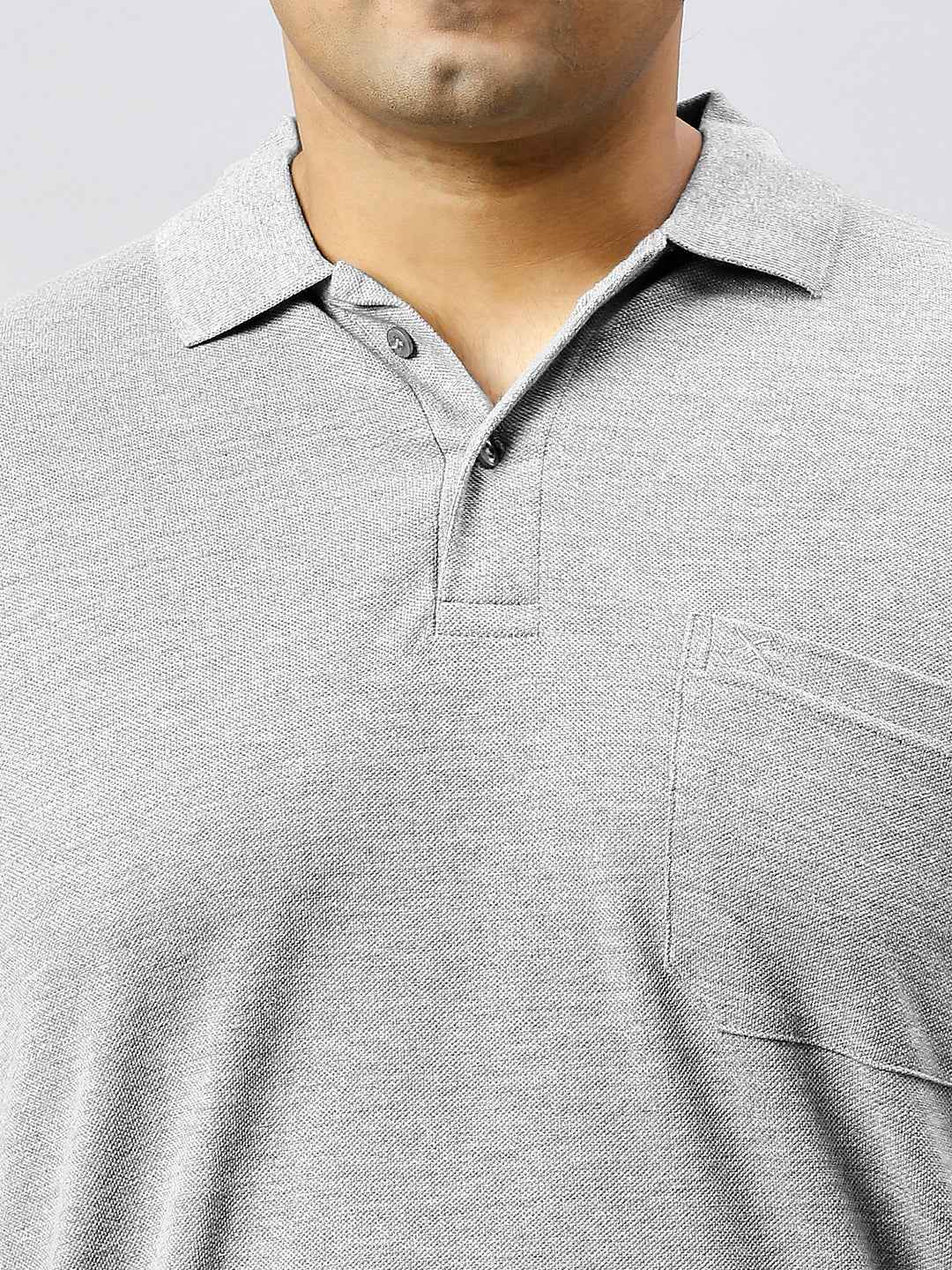 Plus Size Solid Milange Grey Polo T-shirt With Pocket