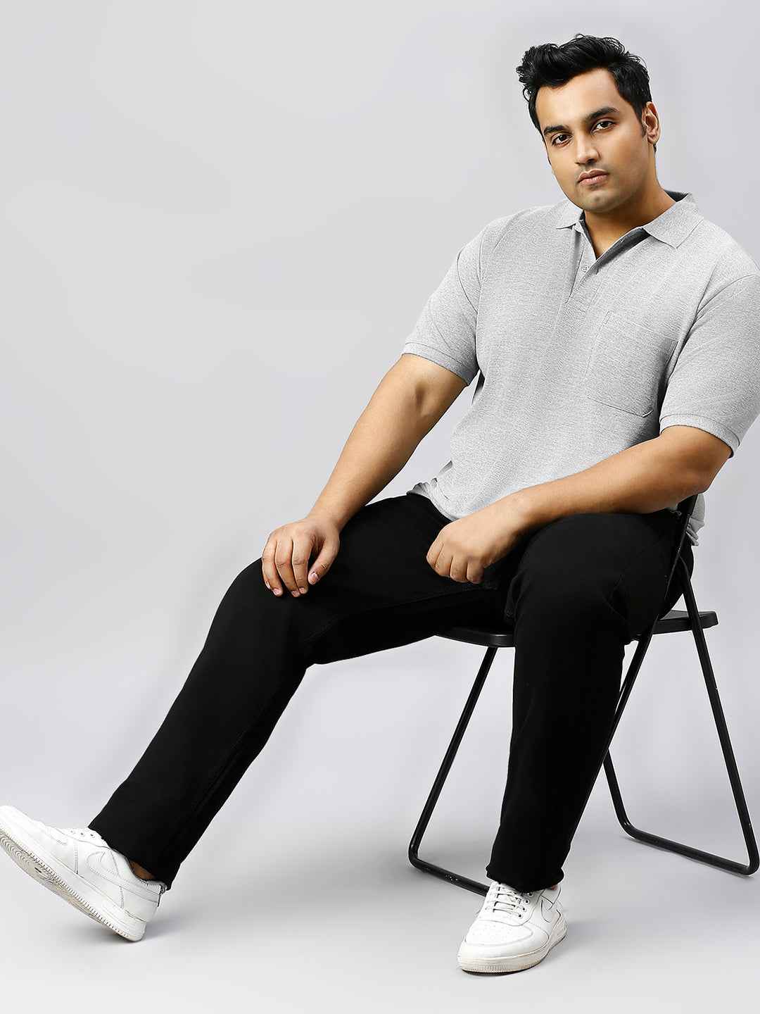 Plus Size Solid Milange Grey Polo T-shirt With Pocket