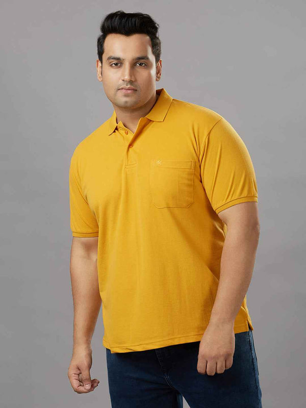 Plus Size Solid Mustard Polo T-shirt With Pocket