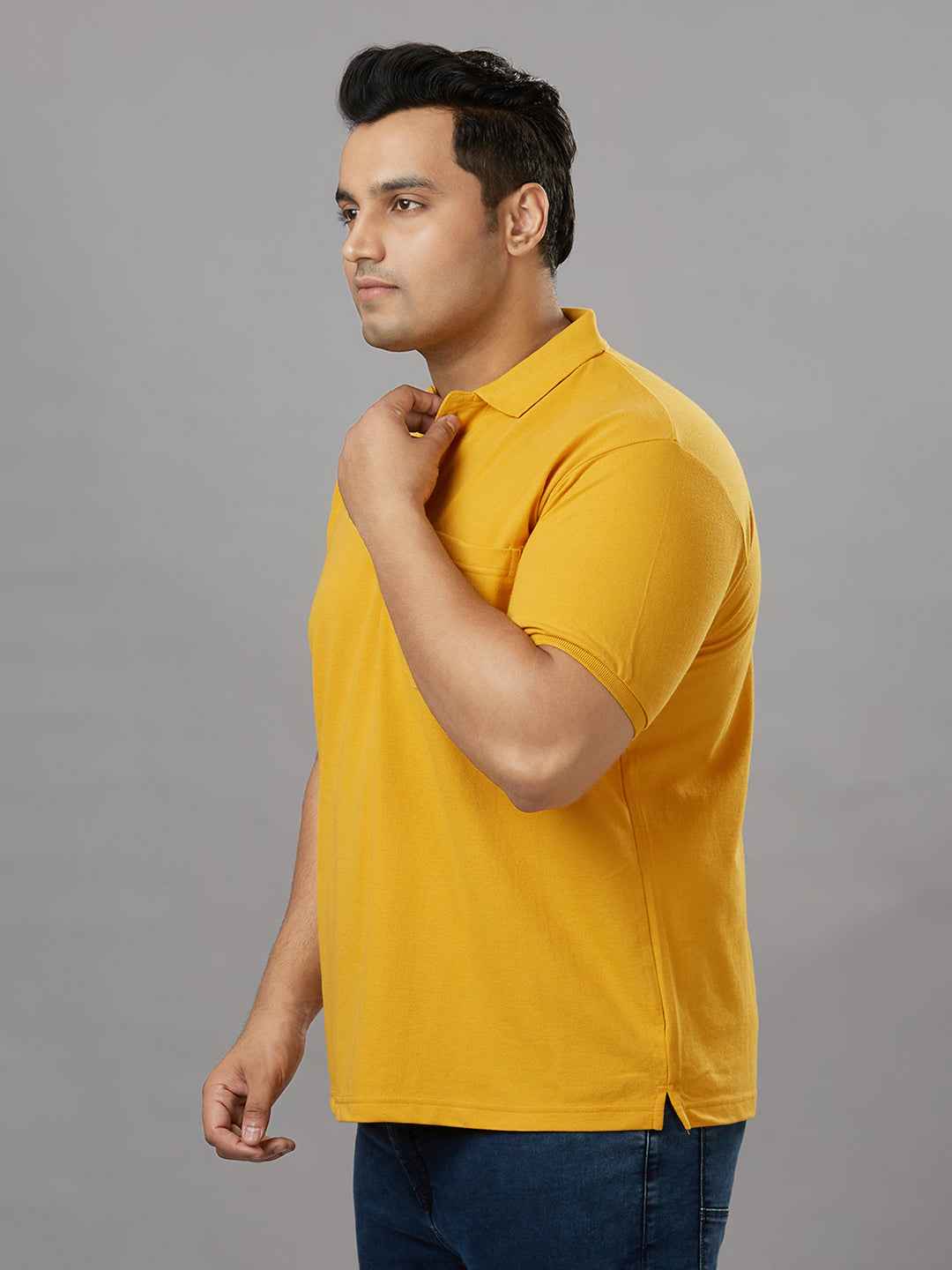 Plus Size Solid Mustard Polo T-shirt With Pocket