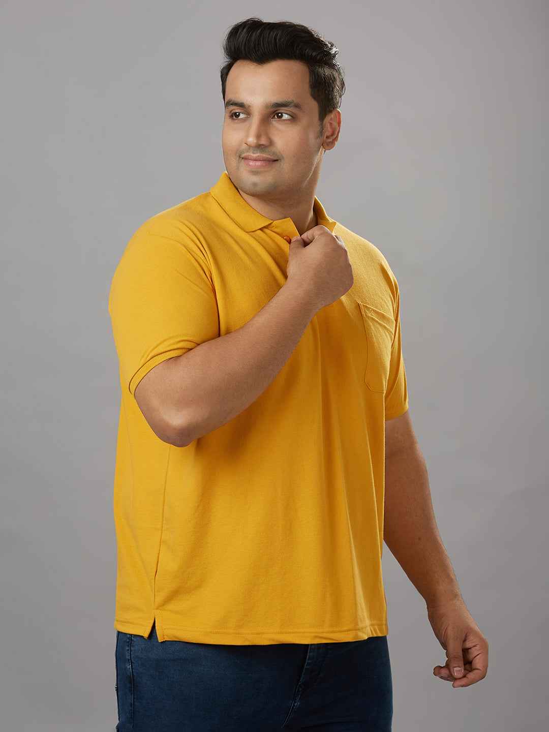 Plus Size Solid Mustard Polo T-shirt With Pocket