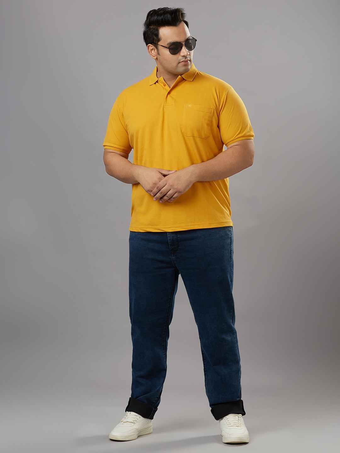 Plus Size Solid Mustard Polo T-shirt With Pocket