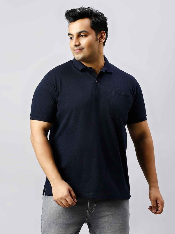 Plus Size Solid Navy Blue Polo T-shirt With Pocket