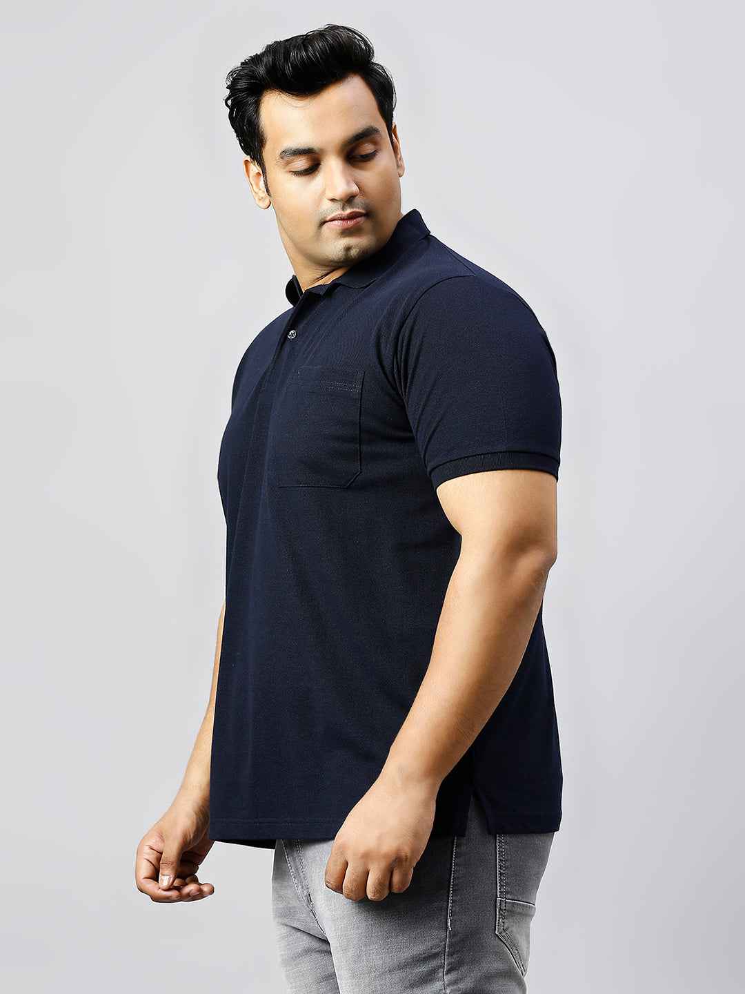 Plus Size Solid Navy Blue Polo T-shirt With Pocket