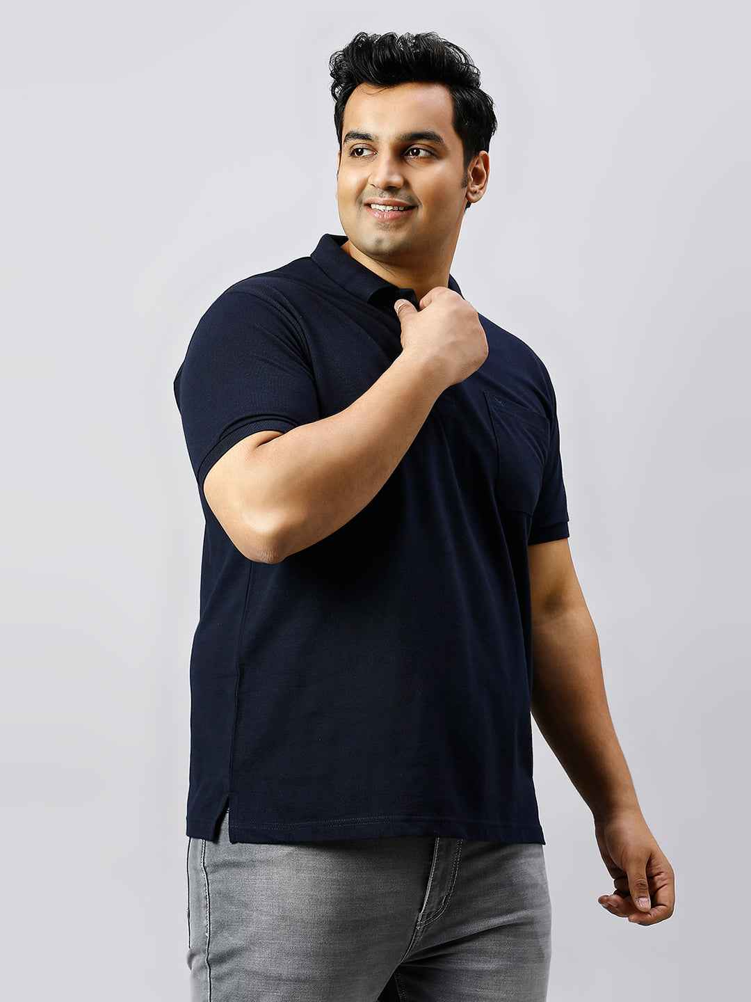 Plus Size Solid Navy Blue Polo T-shirt With Pocket