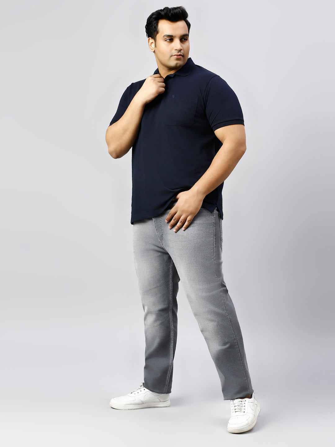 Plus Size Solid Navy Blue Polo T-shirt With Pocket