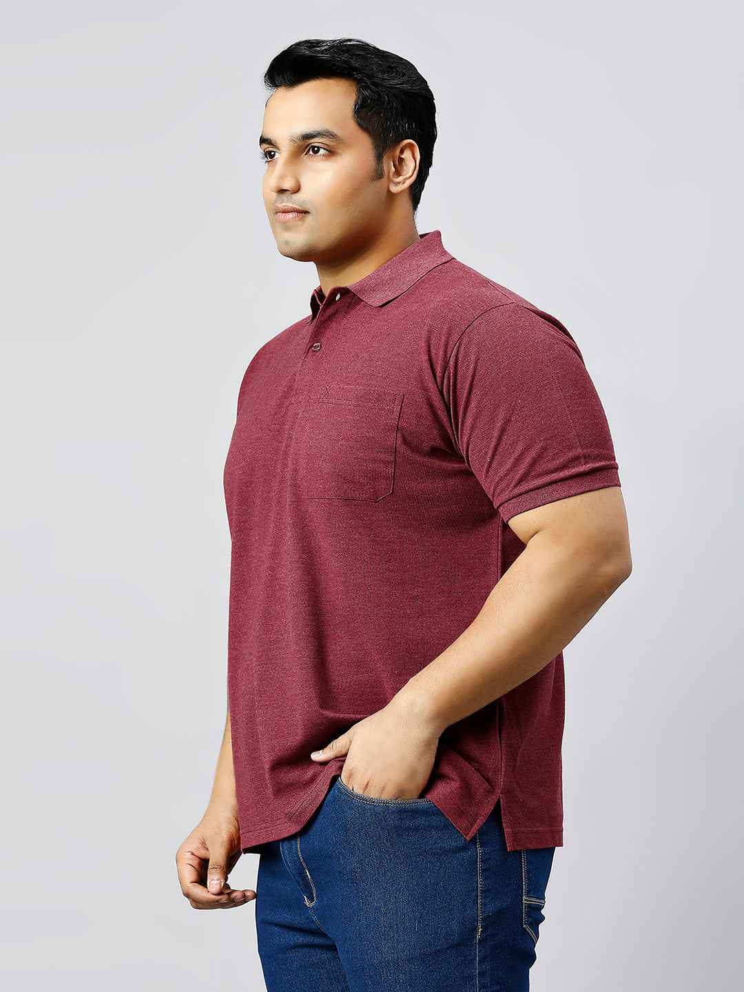 Plus Size Solid Plum Polo T-shirt With Pocket