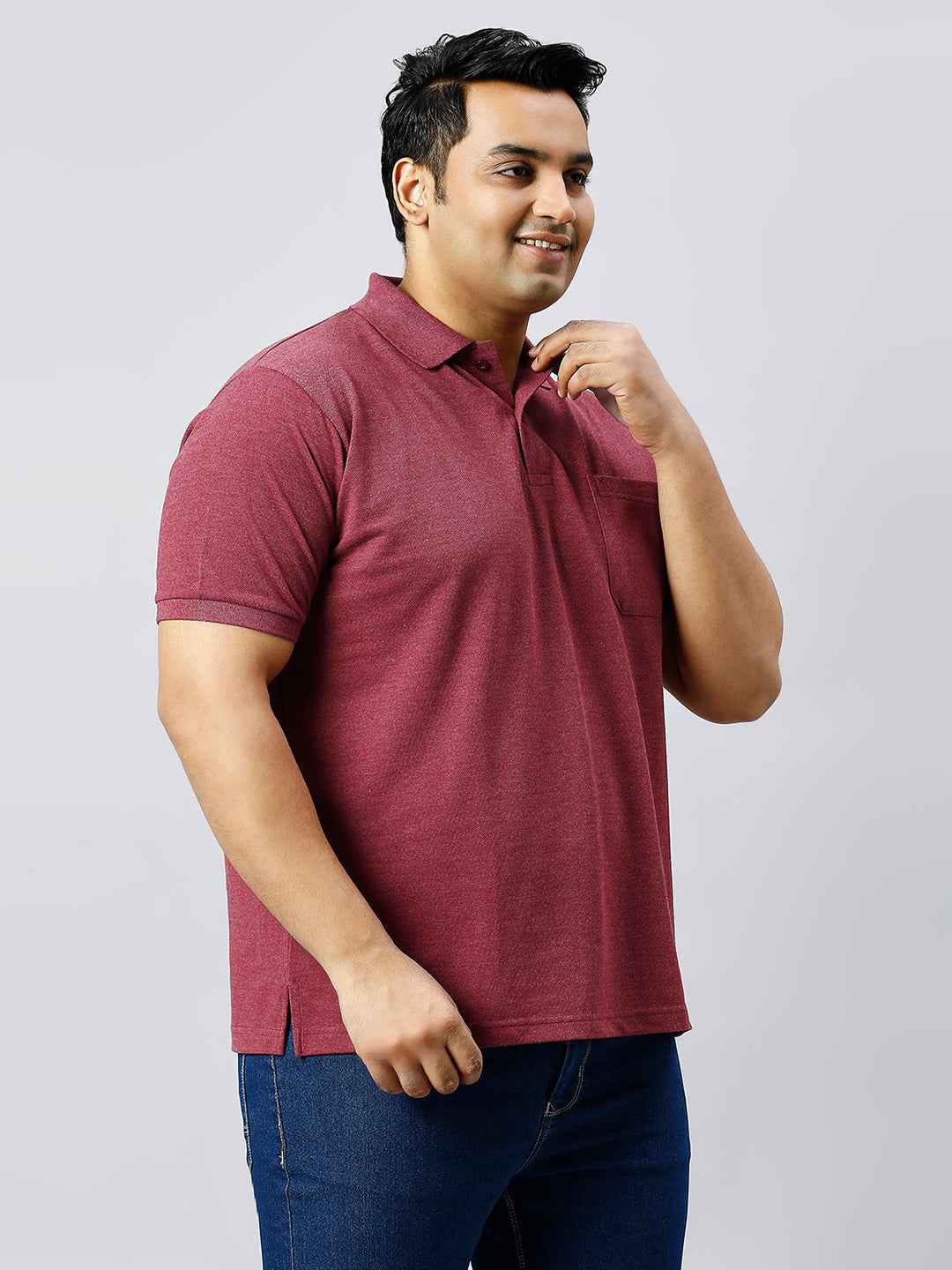 Plus Size Solid Plum Polo T-shirt With Pocket