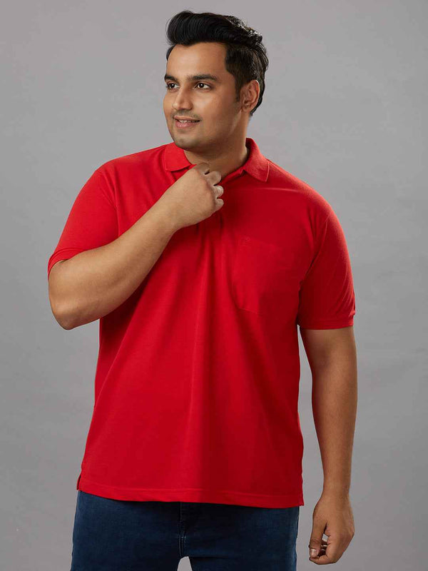 Plus Size Solid Red Polo T-shirt With Pocket