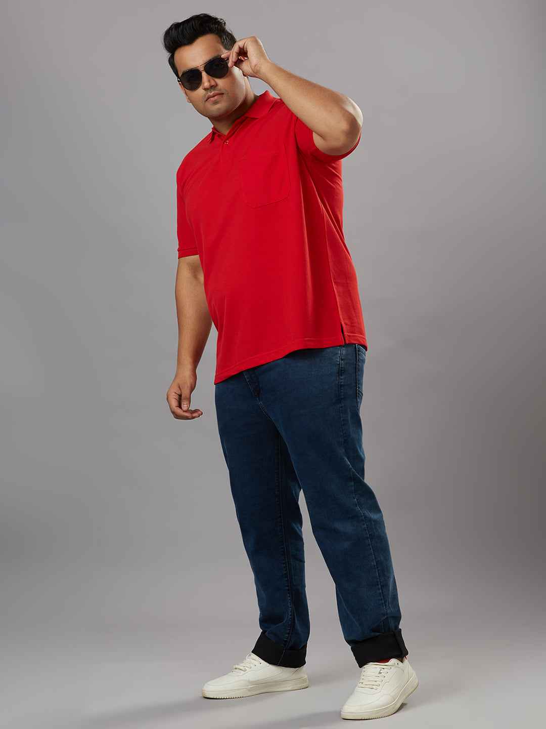 Plus Size Solid Red Polo T-shirt With Pocket