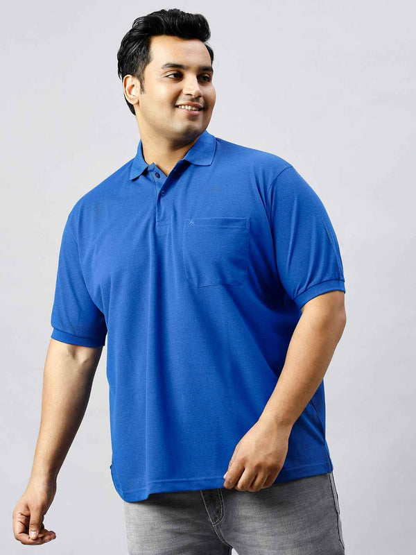Plus Size Solid Royal Blue Polo T-shirt With Pocket