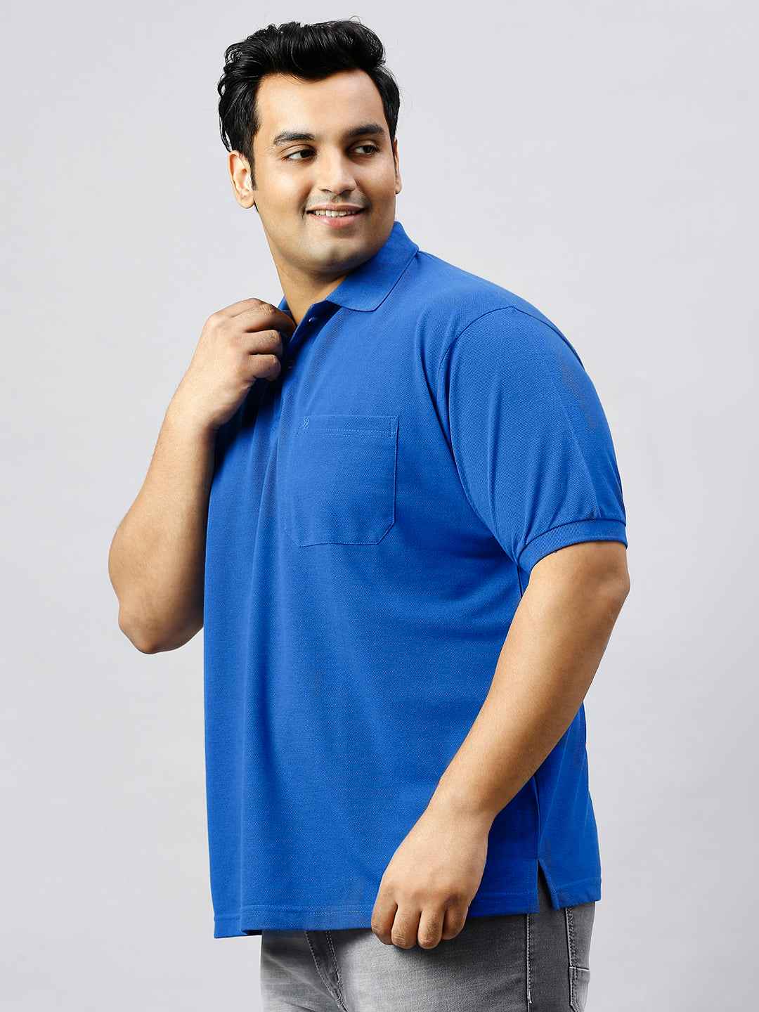 Plus Size Solid Royal Blue Polo T-shirt With Pocket