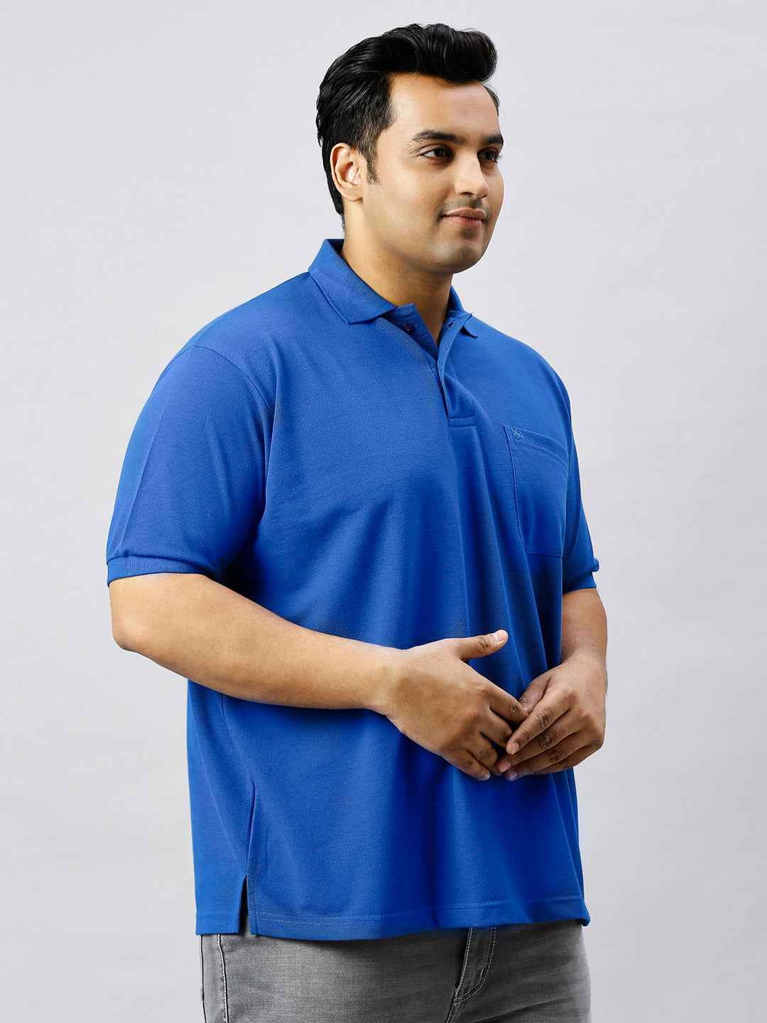 Plus Size Solid Royal Blue Polo T-shirt With Pocket