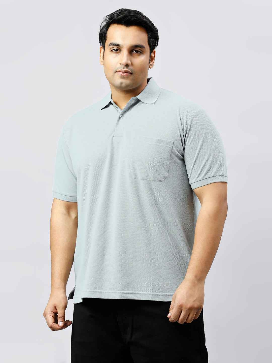 Plus Size Solid Sky Blue Polo T-shirt With Pocket