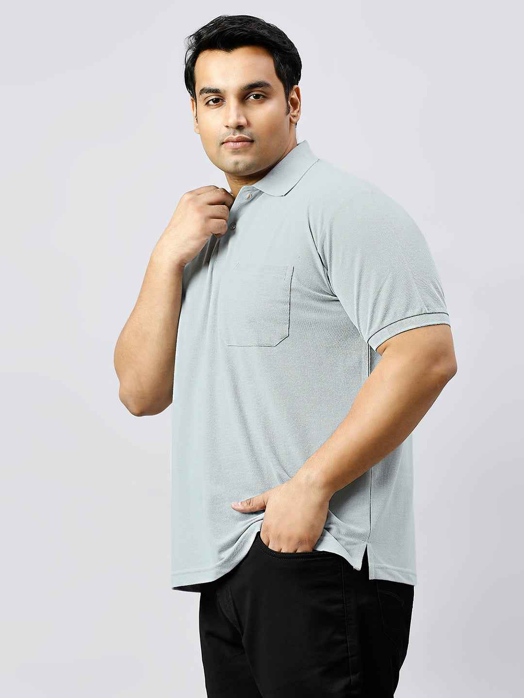 Plus Size Solid Sky Blue Polo T-shirt With Pocket
